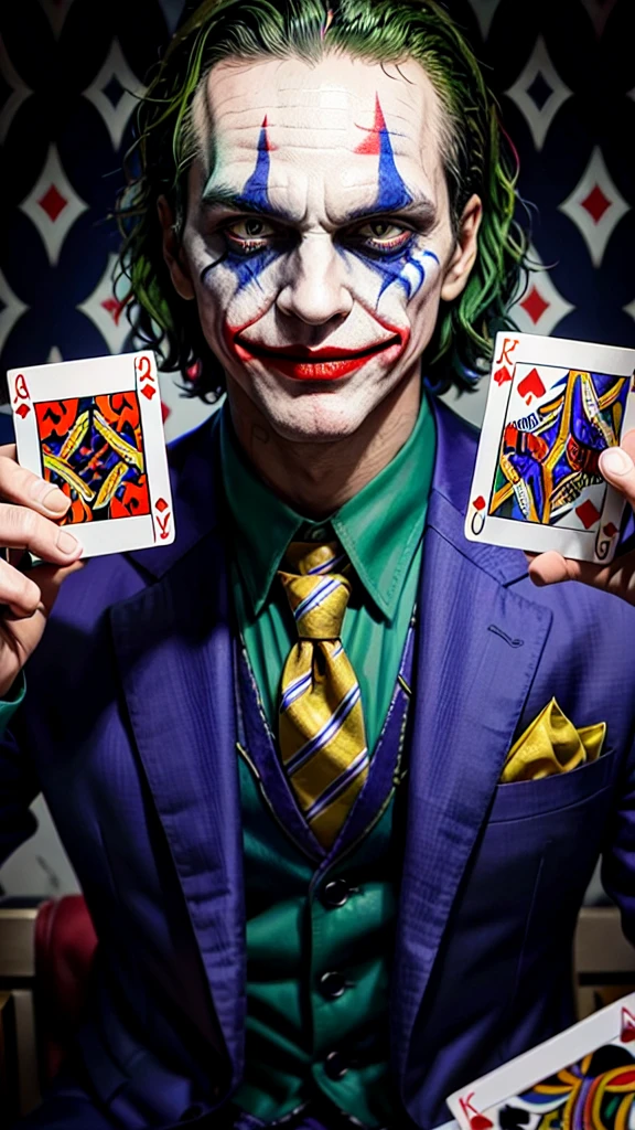 The image is a colorful portrait of the Joker, a well-known character from the DC universe. He is depicted holding a deck of cards, with two joker cards visible. The background is a complex mosaic of patterns and images. A vibrant and captivating portrait of the notorious Joker from the DC universe. He is dressed in his iconic purple suit with a green shirt and tie, and his face is painted with his signature grotesque makeup. He is holding a deck of cards, with two jester cards prominently displayed. The background is a chaotic mosaic of patterns and images, reflecting the Joker's unpredictable and anarchic nature. The overall atmosphere of the piece is dark and eerie, with a touch of madness and chaos.