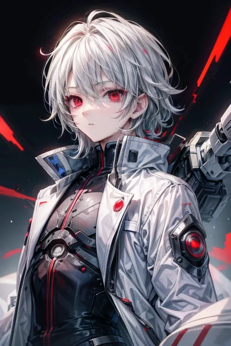(masterpiece, best quality, perfect face, expressive eyes), 1boy, (anime), (adult), white hair, red eyes, blank eyes, (cyborg ey...
