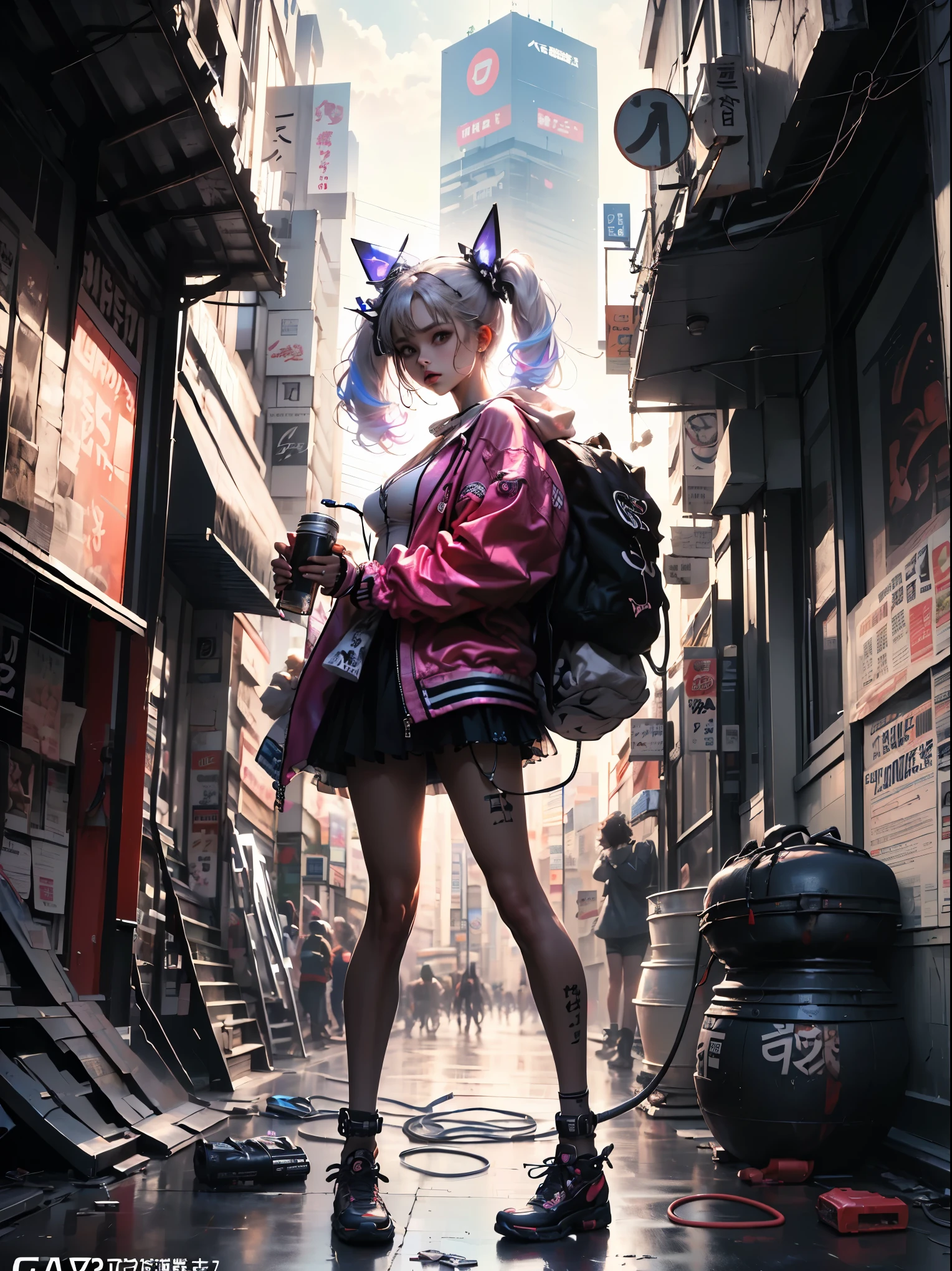 ((Stunning masterpiece anime illustration.)), ((Extremely delicate and beautiful cyber girl.)), ((Very detailed and exposed face)), ((mechanical member, )), (tube connections that join the neck:1.2), ((mass of wires and cables in the body)), ((wearing a colorful Harajuku technical jacket with logo)), (dynamic pose), ((futuristic motorcycle on left side)), ((at night sky with smog)),(Masterpiece), (((Best Quality))), ((ultra detailed)), (Highly detailed photorealistic CG illustration), cinematic lighting, Science fiction, extremely detailed,showy,more detail, (((cyberpunk city background, (Rewarded accommodation), harajuku district))), NSFW