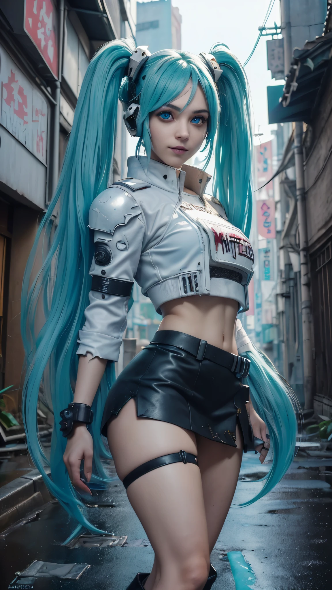 (The best quality,A high resolution,Ultra - detailed,actual), Miku Hatsune, ,(Ruined alley Tokyo cyberpunk dungeon ruins background :1.4 ), big breasts, dynamic pose , (green hair twin tails) ,(miniskirt white corta:1.4), very long hair) , pon the b, relaxed face, eyebrow hair, shiny hair,,(Cyberpunk ruined dungeon ruins background :1.4 ), shiny skin, a slight smile, Racing Miku, black body, short jacket, (White jacket:1.4), showing flat stomach, , long sleeve, two tone gloves, thigh high boots,,(Rain cloudy ruined dungeon ruins background :1.4 ),(masterpiece: 1.4), (8k, realist, raw photo, The best quality: 1.4),(Miku Hatsune:1.4), (Miku Hatsune V2.1), (Face details: 1.5, (beautiful blue eyes detailed :1.4) , beautiful face, pretty eyes, Iris lining, thin lips: 1.5, delgado, pale and sharp eyebrows, long, dark eyelashes, double eyelashes), (fingers detailed : 1.4) ,( dynamic pose), (Perfect anatomy), (face detailed :1.4), , (Hatsune Miku Cosplay),( not mutations), ,(Cyberpunk ruined dungeon ruins background :1.4 ), EasyNegative, huge breasts, Airbrushed, cgi, monochrome, (black and white), large head, oversize head, disproportionate body 