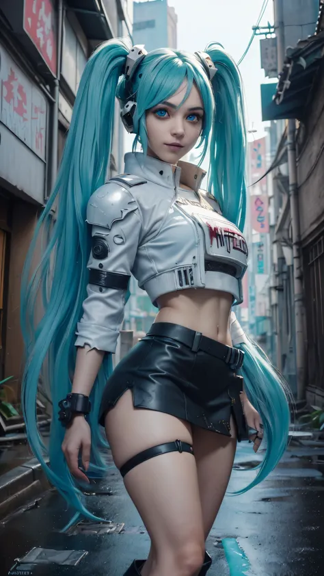 (La mejor calidad,A high resolution,Ultra - detallado,actual), Miku Hatsune, ,(Ruined alley Tokyo cyberpunk dungeon ruins backgr...