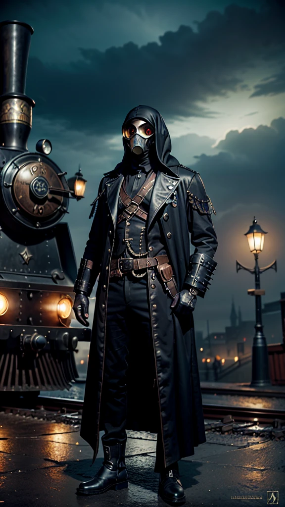 瘟疫医生蒸汽朋克复古乌鸦, 黑暗幻想, 充满活力, 插图, A captivating steampunk 插图 of the Plaguedoctor, 戴着防毒面具和护目镜的神秘人物, 站在雄伟的, 充满活力 raven. 瘟疫医生的服装混合了黑暗复古元素, 带有皮革和金属装饰, 以及一件装饰着各种仪器和工具的外套. 背景是一片黑暗阴沉的城市景观, 老式火车站冒着蒸汽，天空阴沉. The overall atmosphere is a blend of 黑暗幻想, 工业的, 和复古风格., 充满活力, 黑暗幻想, 插图