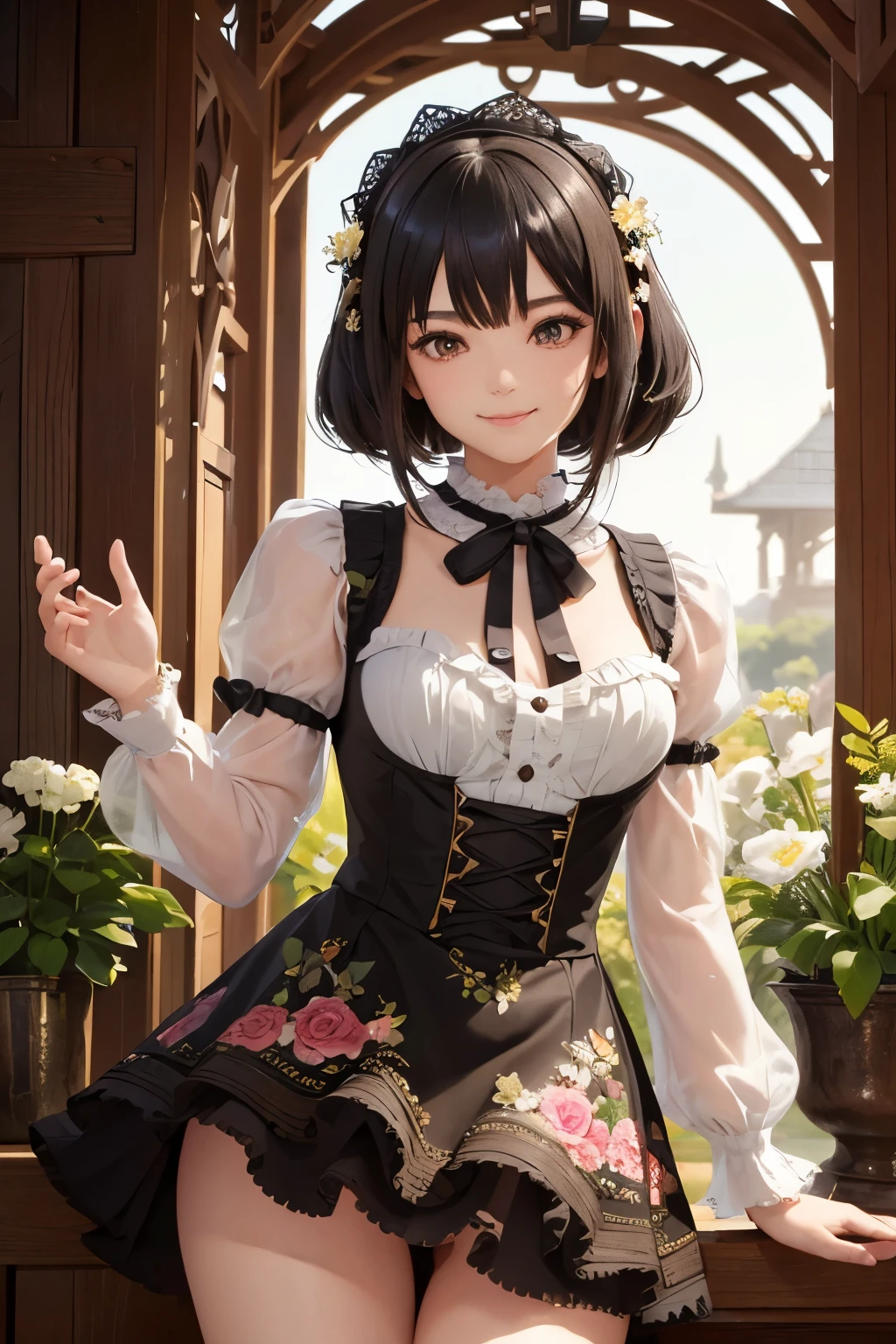 very cute and beautiful girl,(highly detailed beautiful face),(smile:1.2), black hair,looking at viewer,standing,elegant pose,beautiful legs,cowboy shot, floral pattern brown lolita dress with detailed frills, flower garden,elegant wooden arbor,shrubbery, (best quality,masterpiece),absurdres,highres,ultra-detailed,extremely detailed,32k,8k resolution, intricate details,cinematic scene,detailed background,solo,dynamic angle,perfect hands,