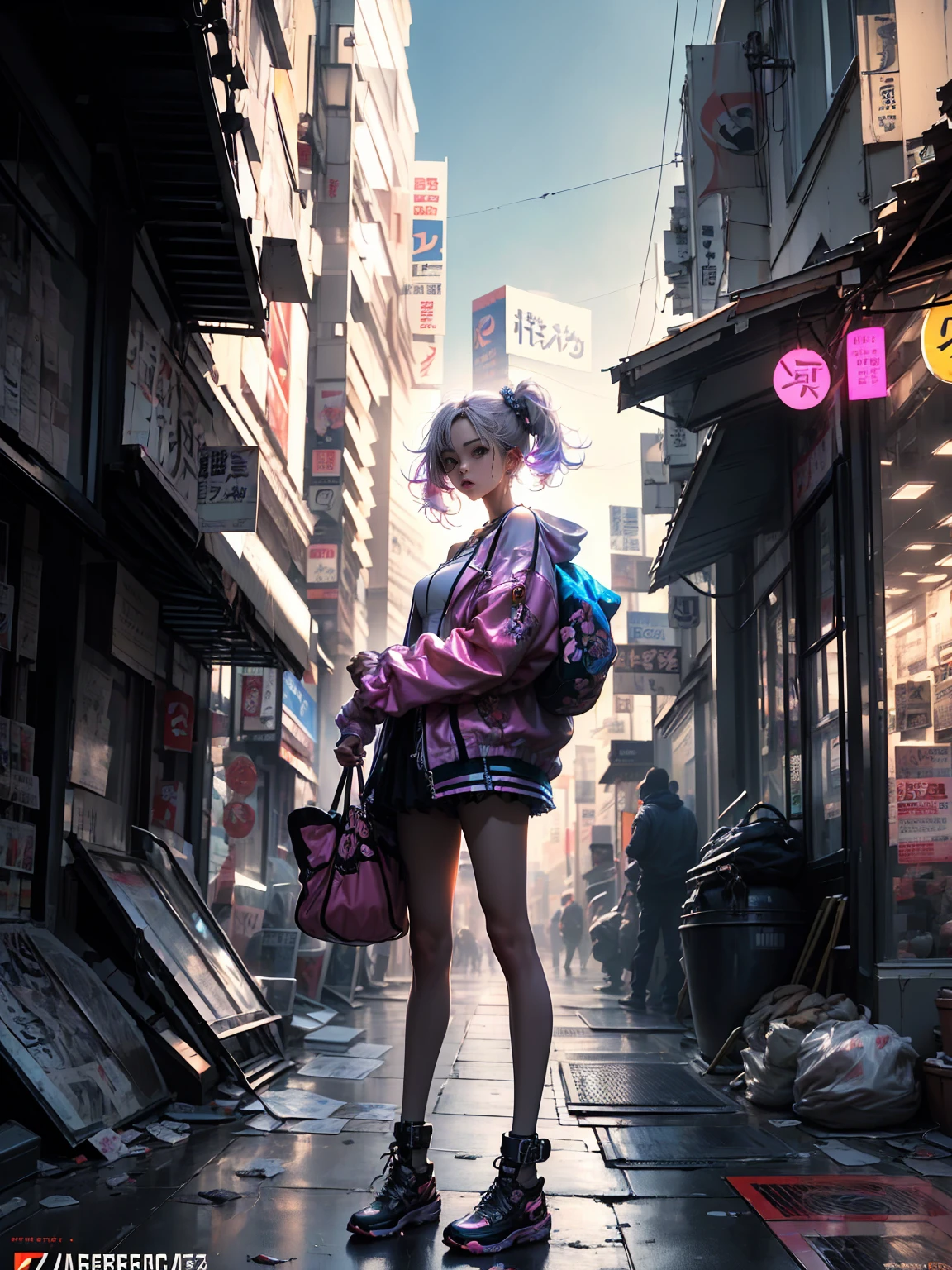 ((Stunning masterpiece anime illustration.)), ((Extremely delicate and beautiful cyber girl.)), ((Very detailed and exposed face)), ((mechanical member, )), (tube connections that join the neck:1.2), ((mass of wires and cables in the body)), ((wearing a colorful Harajuku technical jacket with logo)), (dynamic pose), ((futuristic motorcycle on left side)), ((at night sky with smog)),(Masterpiece), (((Best Quality))), ((ultra detailed)), (Highly detailed photorealistic CG illustration), cinematic lighting, Science fiction, extremely detailed,showy,more detail, (((cyberpunk city background, (Rewarded accommodation), harajuku district))), NSFW