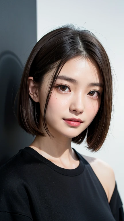 (((Close-up of face)))、(((Absolutely shoulder-length brown straight short bob)))、(((She is posing like a hair salon model, with a black wall indoors as the background.)))、(((Casual black winter long sleeves with shoulders covered)))、Half Japanese, half Korean、18 year old girl、Standing Alone、Looking forward、Light eye makeup、Brown Hair Color、Flat and 、Hair blowing in the wind、Actress Quality、Glossy, ultra-realistic face、Smiling face、Watery eyes、Gazing Up、Subtle lighting effects、 Ultra-Realistic Capture、Very detailed、High resolution 16K close up of human skin。Skin texture must be natural、The details must be such that pores can be clearly seen、The skin is healthy、Uniform tone、Use natural light and colors、A worn-out, high-quality photo taken by a model agency&#39;s in-house photographer.、smile、(((SIGMA 300 mm F/1.4,1/1000 sec shutter,ISO 400))) 