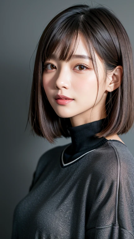 (((Close-up of face)))、(((Absolutely shoulder-length brown straight short bob)))、(((She is posing like a hair salon model, with a black wall indoors as the background.)))、(((Casual black winter long sleeves with shoulders covered)))、Half Japanese, half Korean、18 year old girl、Standing Alone、Looking forward、Light eye makeup、Brown Hair Color、Flat and 、Hair blowing in the wind、Actress Quality、Glossy, ultra-realistic face、Smiling face、Watery eyes、Gazing Up、Subtle lighting effects、 Ultra-Realistic Capture、Very detailed、High resolution 16K close up of human skin。Skin texture must be natural、The details must be such that pores can be clearly seen、The skin is healthy、Uniform tone、Use natural light and colors、A worn-out, high-quality photo taken by a model agency&#39;s in-house photographer.、smile、(((SIGMA 300 mm F/1.4,1/1000 sec shutter,ISO 400))) 