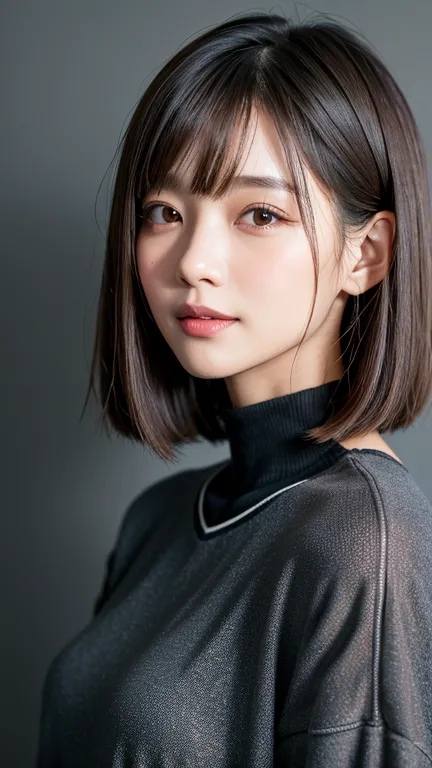 (((close-up of face)))、(((absolutely shoulder-length brown straight short bob)))、(((she is posing like a hair salon model, with ...