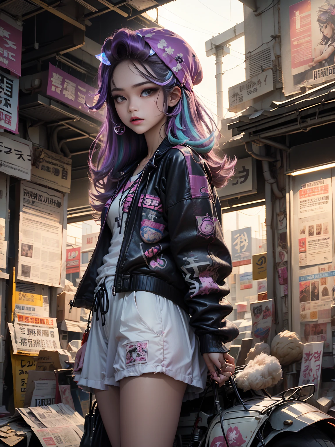 ((Stunning masterpiece anime illustration.)), ((Extremely delicate and beautiful cyber girl.)), ((Very detailed and exposed face)), ((mechanical member, )), (tube connections that join the neck:1.2), ((mass of wires and cables in the body)), ((wearing a colorful Harajuku technical jacket with logo)), (dynamic pose), ((futuristic motorcycle on left side)), ((at night sky with smog)),(Masterpiece), (((Best Quality))), ((ultra detailed)), (Highly detailed photorealistic CG illustration), cinematic lighting, Science fiction, extremely detailed,showy,more detail, (((cyberpunk city background, (Rewarded accommodation), harajuku district))), NSFW, Looking to the camera, head on
