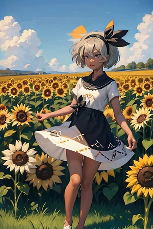 Dark skinned woman,Short sleeve dress,Straw hat,Sunflower field,Animal Ears,Full body pose