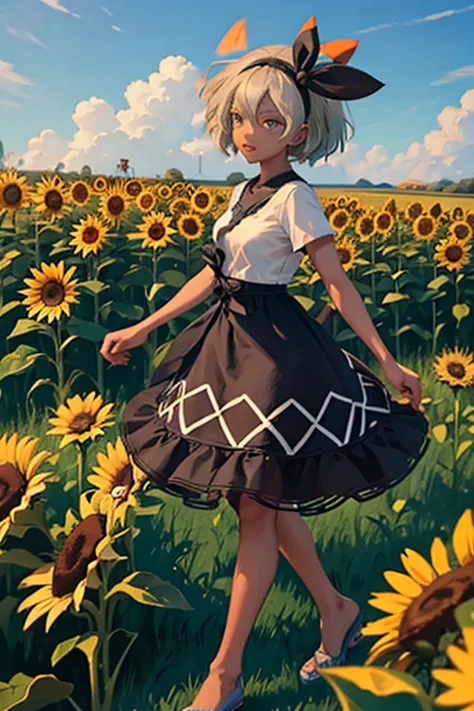 dark skinned woman,short sleeve dress,straw hat,sunflower field,animal ears,full body pose