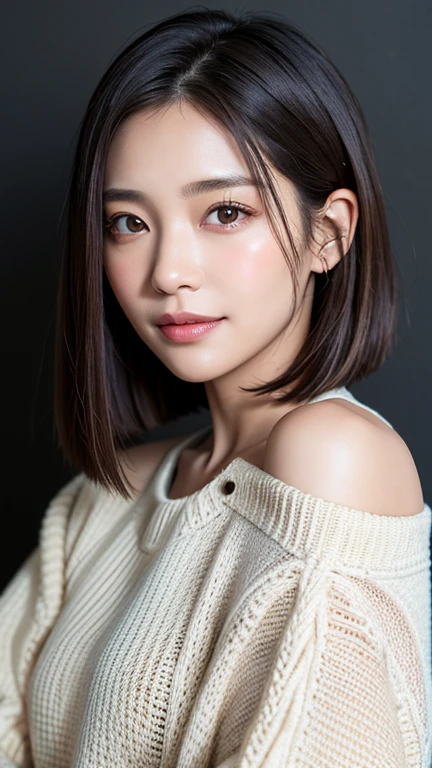 (((Close-up of face)))、(((Absolutely shoulder-length brown straight short bob)))、(((She is posing like a hair salon model, with a black wall indoors as the background.)))、(((Casual black winter long sleeves with shoulders covered)))、Half Japanese, half Korean、18 year old girl、Standing Alone、Looking forward、Light eye makeup、Brown Hair Color、Flat and 、Hair blowing in the wind、Actress Quality、Glossy, ultra-realistic face、Smiling face、Watery eyes、Gazing Up、Subtle lighting effects、 Ultra-Realistic Capture、Very detailed、High resolution 16K close up of human skin。Skin texture must be natural、The details must be such that pores can be clearly seen、The skin is healthy、Uniform tone、Use natural light and colors、A worn-out, high-quality photo taken by a model agency&#39;s in-house photographer.、smile、(((SIGMA 300 mm F/1.4,1/1000 sec shutter,ISO 400))) 