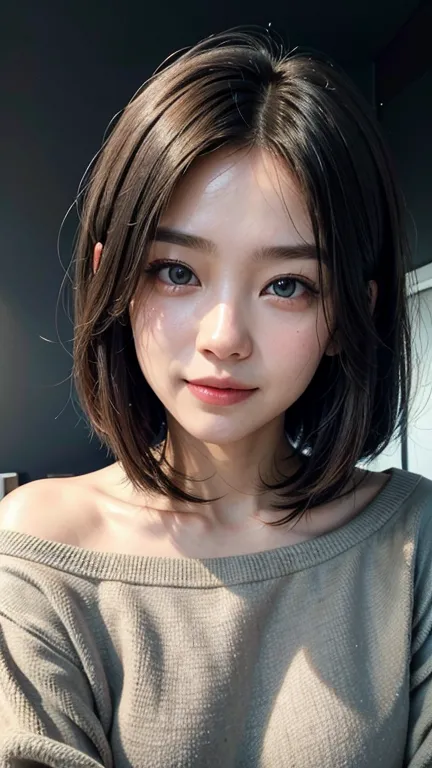 (((close-up of face)))、(((absolutely shoulder-length brown straight short bob)))、(((she is posing like a hair salon model, with ...