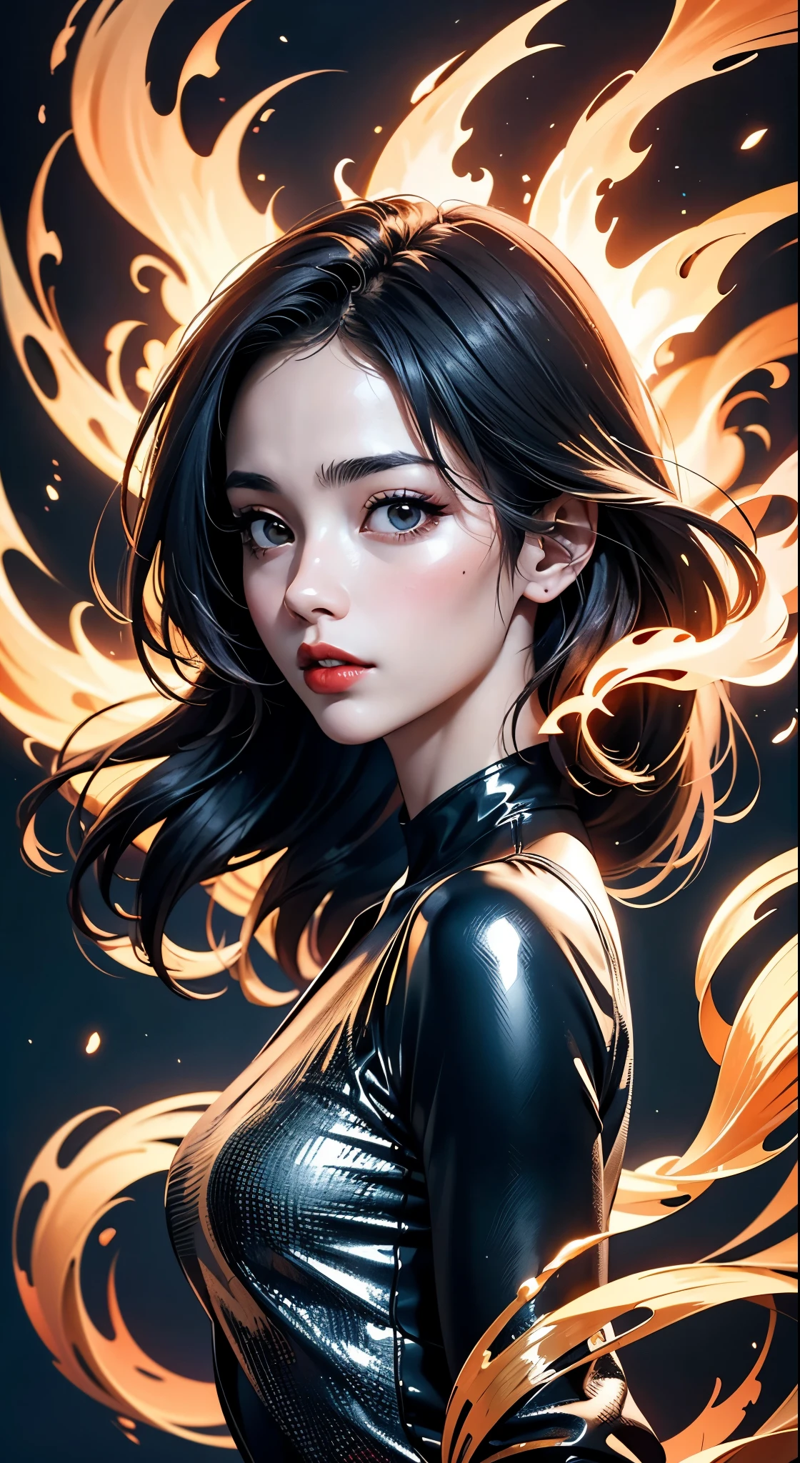 masterpiece, best quality, ultra high res, beautiful, elegant, graceful, award-winning art, 1girl , portrait, (style of Yuko Shimizu:1.1), (abstract art:1.2), red lips, silent in chaoodel pose in fashion show, style of rebecca guay, black hair, red fire , cloaked in flames, dark theme, visually stunning, gorgeous