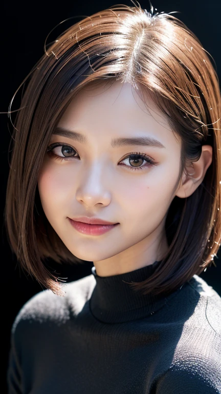 (((Close-up of face)))、(((Absolutely shoulder-length brown straight short bob)))、(((She is posing like a hair salon model, with a black wall indoors as the background.)))、(((Casual black winter long sleeves with shoulders covered)))、Half Japanese, half Korean、18 year old girl、Standing Alone、Looking forward、Light eye makeup、Brown Hair Color、Flat and 、Hair blowing in the wind、Actress Quality、Glossy, ultra-realistic face、Smiling face、Watery eyes、Gazing Up、Subtle lighting effects、 Ultra-Realistic Capture、Very detailed、High resolution 16K close up of human skin。Skin texture must be natural、The details must be such that pores can be clearly seen、The skin is healthy、Uniform tone、Use natural light and colors、A worn-out, high-quality photo taken by a model agency&#39;s in-house photographer.、smile、(((SIGMA 300 mm F/1.4,1/1000 sec shutter,ISO 400))) 