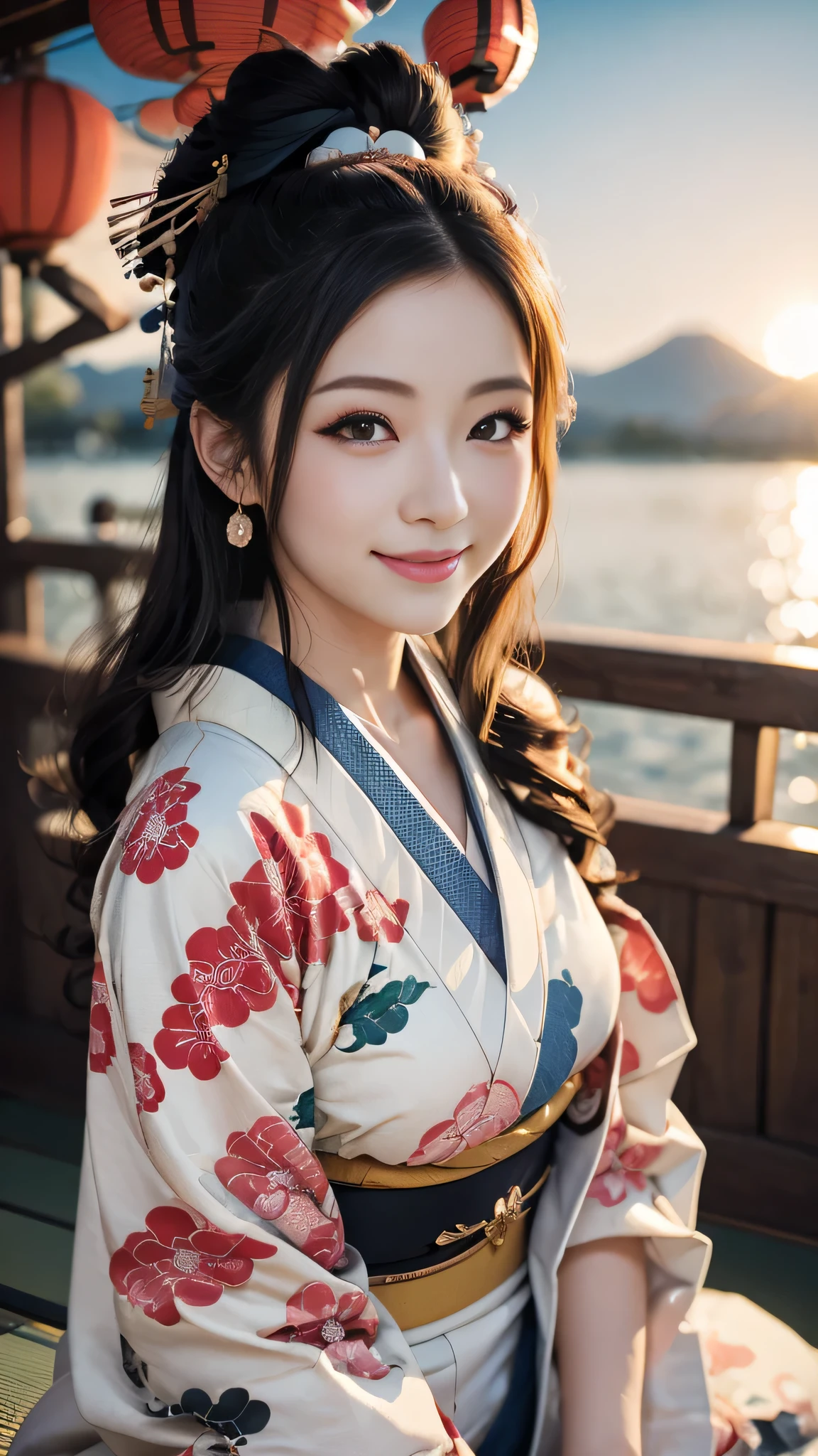 mirando a la camara,(((de la máxima calidad, 8K, obra maestra))), enfoque nítido, (Hermosa mujer con figura perfecta), delgado, (peinado: arriba)), ((kimono)), calle, Textura de piel y rostro muy detallada Ojos detallados Párpado doble Pose aleatoria, (sonrisa),sarribaer cute Japan person,sarribaer beauty Japanese girl, cara realista, Doble párpado,sonrisa,Festival de verano , Al atardecer , hermosos dientes , Fondo de fuegos artificiales.