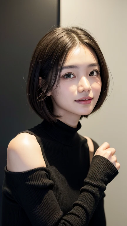 (((Close-up of face)))、(((Absolutely shoulder-length brown straight short bob)))、(((She is posing like a hair salon model, with a black wall indoors as the background.)))、(((Casual black winter long sleeves with shoulders covered)))、Half Japanese, half Korean、18 year old girl、Standing Alone、Looking forward、Light eye makeup、Brown Hair Color、Flat and 、Hair blowing in the wind、Actress Quality、Glossy, ultra-realistic face、Smiling face、Watery eyes、Gazing Up、Subtle lighting effects、 Ultra-Realistic Capture、Very detailed、High resolution 16K close up of human skin。Skin texture must be natural、The details must be such that pores can be clearly seen、The skin is healthy、Uniform tone、Use natural light and colors、A worn-out, high-quality photo taken by a model agency&#39;s in-house photographer.、smile、(((SIGMA 300 mm F/1.4,1/1000 sec shutter,ISO 400))) 