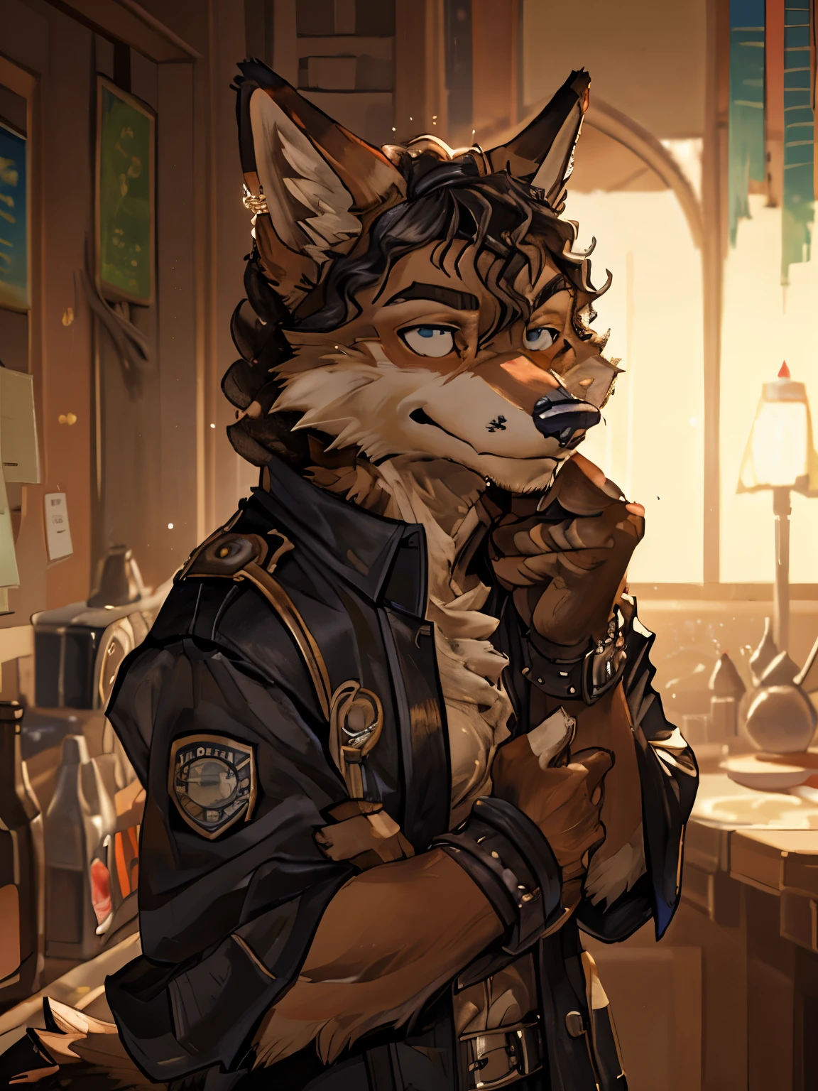 ((An anthropomorphic coyote cafe)) male, with realistic fur, black hoodie, ((black fluffy curly hair)), pelaje realista en la cabeza, mirando al espectador, cara orgullosa, mejor calidad, detallado. En Mexico, Una noche oscura y calida