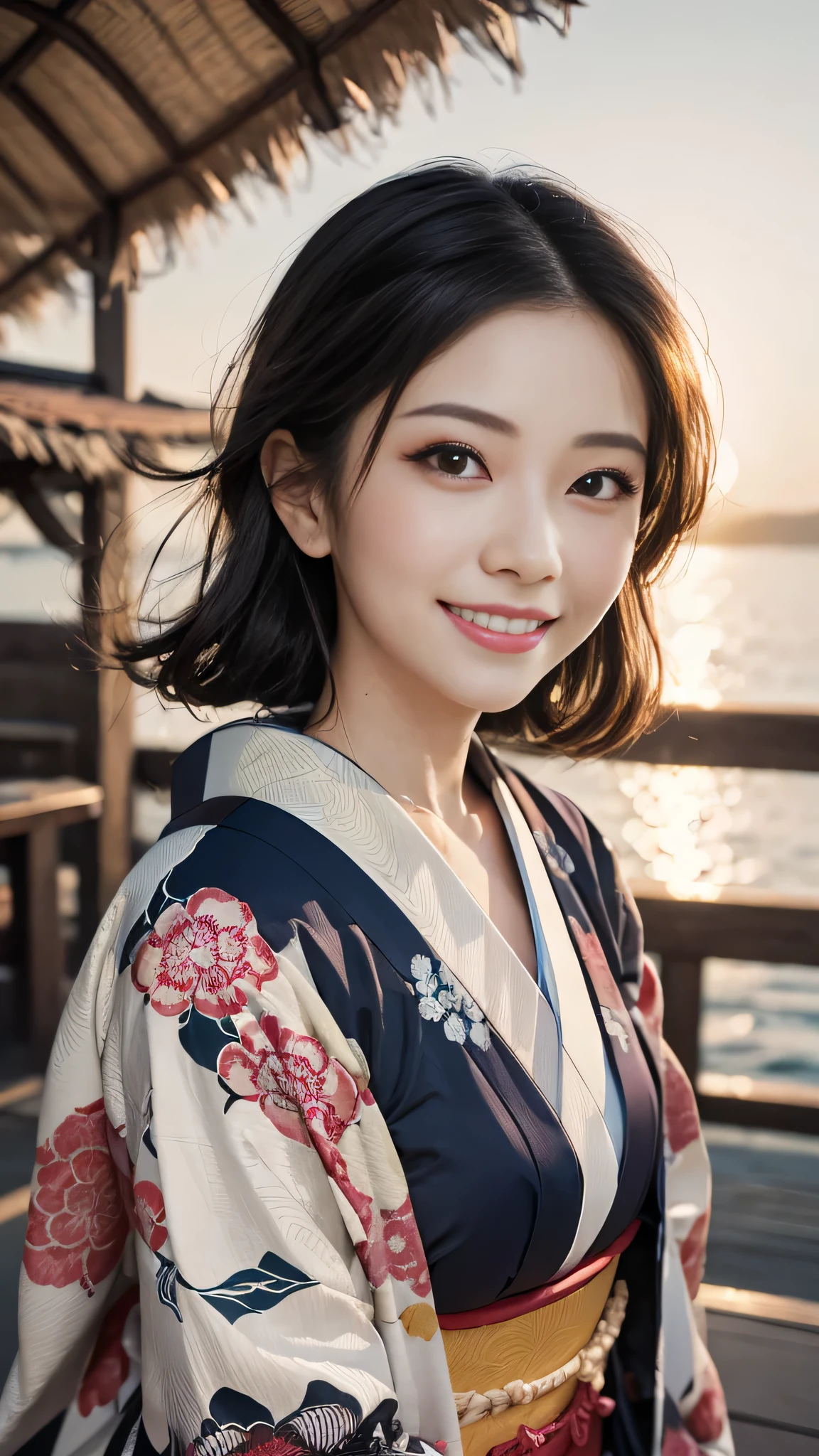 Looking at the camera,(((highest quality, 8k, masterpiece))), Sharp focus, (Beautiful woman with perfect figure), thin, (Hairstyle: superior)), ((kimono)), street, Highly detailed face and skin texture Detailed eyes Double eyelid Random pose, (smile),super cute Japan person,super beauty Japanese girl, Realistic Face, double eyelid,smile,Summer festival , At sunset , Beautiful Teeth , Fireworks Background.
