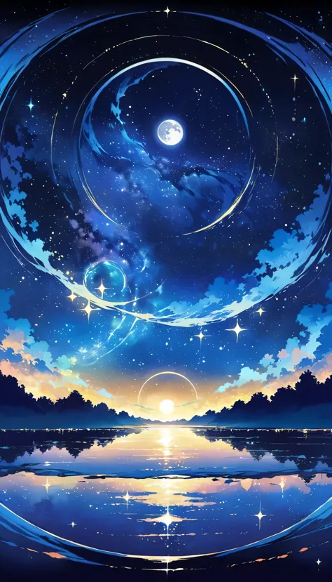 A condensed beauty of a painting of a river and the stars and moon in the sky, Concept art inspired by Mitsuoki Tosa, pixiv Cont...