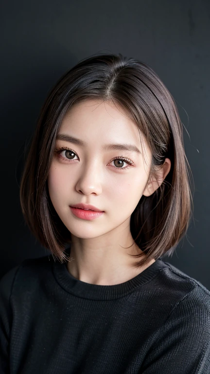 (((Close-up of face)))、(((Absolutely shoulder-length brown straight short bob)))、(((She is posing like a hair salon model, with a black wall indoors as the background.)))、(((Casual black winter long sleeves with shoulders covered)))、Half Japanese, half Korean、18 year old girl、Standing Alone、Looking forward、Light eye makeup、Brown Hair Color、Flat and 、Hair blowing in the wind、Actress Quality、Glossy, ultra-realistic face、Smiling face、Watery eyes、Gazing Up、Subtle lighting effects、 Ultra-Realistic Capture、Very detailed、High resolution 16K close up of human skin。Skin texture must be natural、The details must be such that pores can be clearly seen、The skin is healthy、Uniform tone、Use natural light and colors、A worn-out, high-quality photo taken by a model agency&#39;s in-house photographer.、smile、(((SIGMA 300 mm F/1.4,1/1000 sec shutter,ISO 400))) 