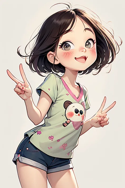 watercolor painting，Chibi A cartoon young girl wearing a pink v-neck shirt and white shorts, big smile with teeth, large cute ey...