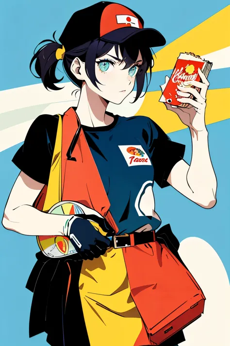 (flat color:1.1),(masterpiece:1.2), original, pizza delivery girl, holding pizza box