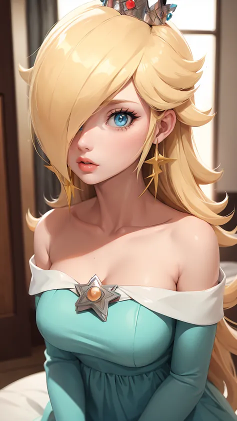 ((masterpiece)), ((best quality)), (detailed), perfect, solo, Rosalina, gorgeous girl, luscious lips, blonde hair,