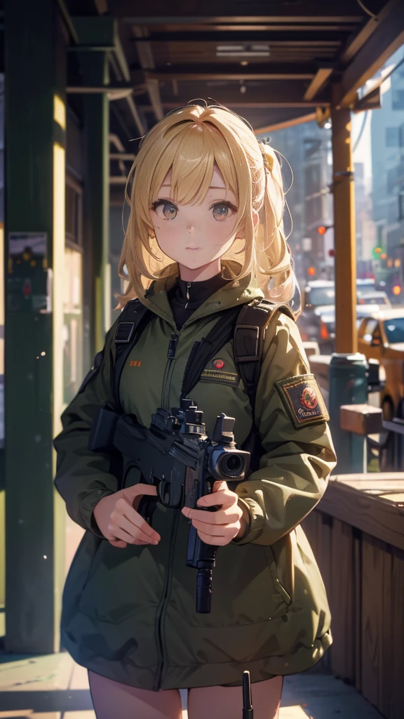 Best image quality, 8k, high quality, masterpiece:1.2), ((masterpiece)), (Attention to detail, high quality, Best image quality), Bokeh, Depth of written boundary, Portraiture, Open Stance, (Cute illustrations:1.2), Blonde, army, girl, Possession of a gun, Are standing, Ready your gun?, Pull the trigger, Look into the crosshairs
