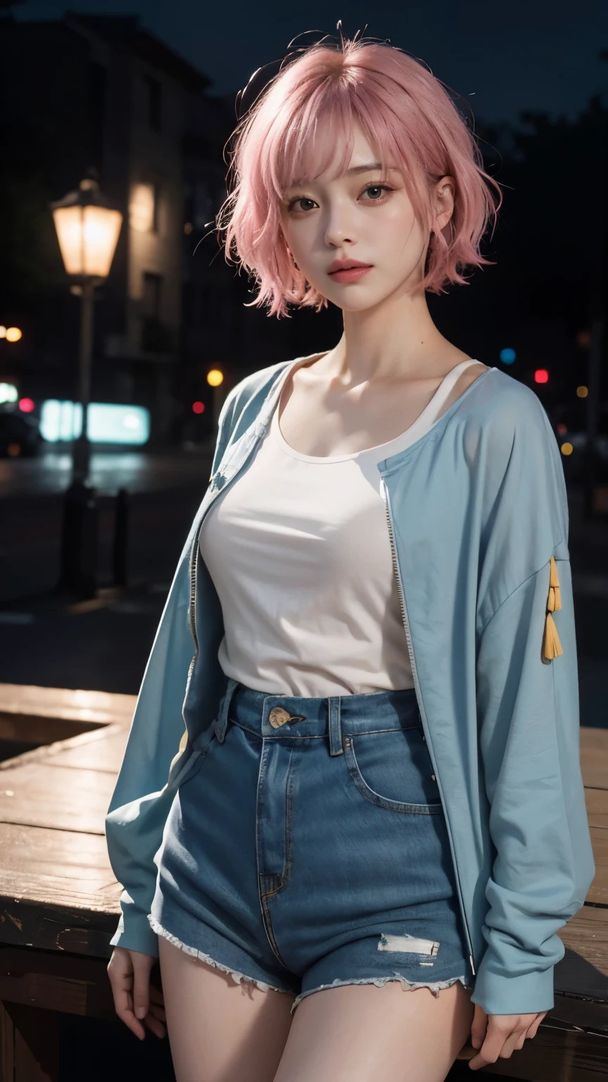 RAW shooting,12k, 最high quality, masterpiece, 超High resolution, (Realistic:1.4), RAW Photos, 1 girl,, short hair, (masterpiece, 最high quality, high quality, High resolution, Very detailed),pink hair, (Night lighting:1.4), Cyberpunk attire、Layer Color、Clothes with lots of zippers、Baggy clothes、white, pink, Blue and yellow clothes、Looking at the audience、Near future