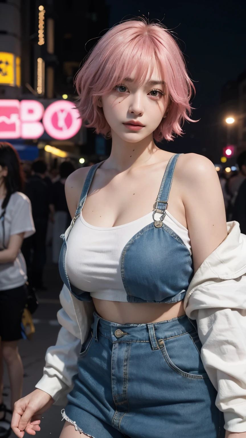 RAW shooting,12k, 最high quality, masterpiece, 超High resolution, (Realistic:1.4), RAW Photos, 1 girl,, short hair, (masterpiece, 最high quality, high quality, High resolution, Very detailed),pink hair, (Night lighting:1.4), Cyberpunk attire、Layer Color、Clothes with lots of zippers、Baggy clothes、white, pink, Blue and yellow clothes、Looking at the audience、Near future