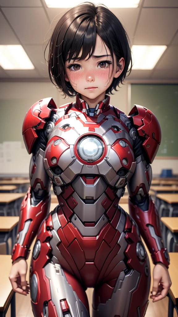 highest quality　8k Iron Man Suit Girl　Elementary school girl　Sweaty face　cute　In the classroom　Short Hair　boyish　Steam coming out of the head　My hair is wet with sweat　Black hair, hazy expression　Three kids dressed the same　Touching my body