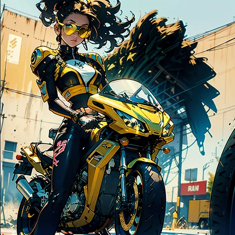 1girl riding sports motorbike, urban, full color, yellow color, artificial, ultra detail, highly quality, fine details, highligh...