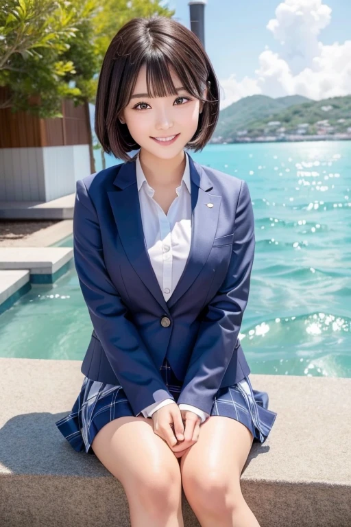 ((highest quality)), ((masterpiece)), (detailed), Perfect Face、4K、cute、Well-formed face、Marugao、Baby Face、１８Year Old High School Girl、A little BBW、Large Breasts、Ocean岸、A big smile、Date with boyfriend、Navy Blue Blazer、White shirt、uniform、Checked skirt、Medium Bob Hair、Get excited、Get wet、Water Play、Ocean