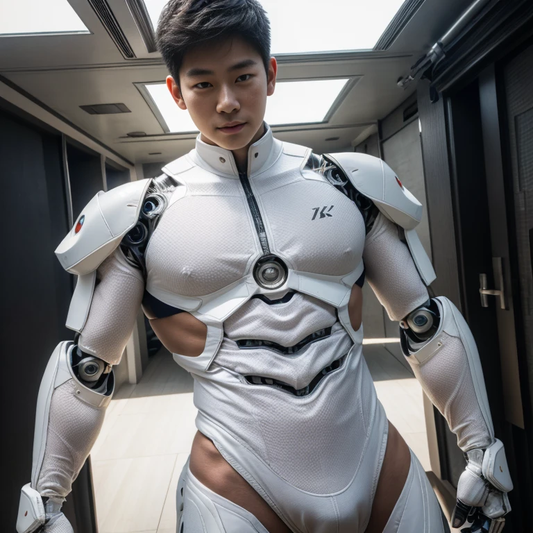 (masutepiece,High resolution,ultra - detailed:1.0),1(Boy,Robot Boy),Perfect male body,Look at the camera,Delicate eyes and delicate face,extremely details CG,Unity 8k Wallpaper,intricate-detail,solo person,Detailed face, (Futuristic skin-perfect white bodysuit), Best Quality, hands visible, (White Gloves),   short hair:1.5 , full length shot(fls) ,  , big hips , insane details, hyper details , photorealistic , only male , handsome boy ,  puffy nipples , 16k resolution , ultra-high clarity , hyperrealism, uhd,. K-pop idol ,   whore , slutty whore , swollen nipples , defeat , grins ,thick thighs, male , ((handsome face detail)) ,handsome Korean boy , ((with face )) , 16years old
