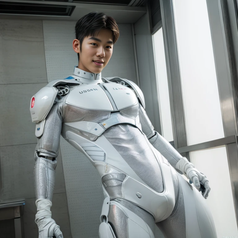 (masutepiece,High resolution,ultra - detailed:1.0),1(Boy,Robot Boy),Perfect male body,Look at the camera,Delicate eyes and delicate face,extremely details CG,Unity 8k Wallpaper,intricate-detail,solo person,Detailed face, (Futuristic skin-perfect white bodysuit), Best Quality, hands visible, (White Gloves),   short hair:1.5 , full length shot(fls) ,  , big hips , insane details, hyper details , photorealistic , only male , handsome boy ,  puffy nipples , 16k resolution , ultra-high clarity , hyperrealism, uhd,. K-pop idol ,   whore , slutty whore , swollen nipples , defeat , grins ,thick thighs, male , ((handsome face detail)) ,handsome Korean boy , ((with face )) , 16years old
