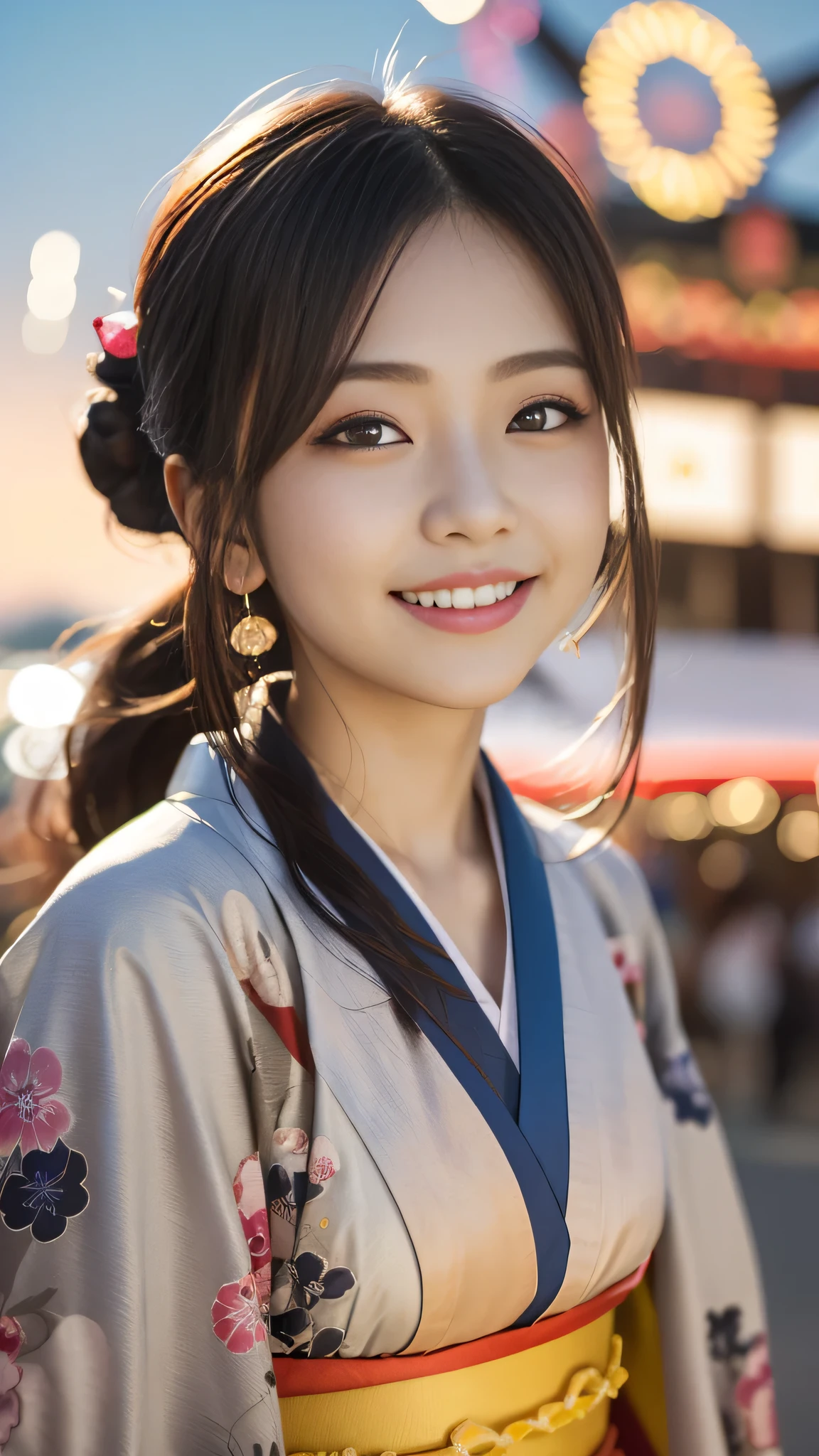 Looking at the camera,(((highest quality, 8k, masterpiece))), Sharp focus, (Beautiful woman with perfect figure), thin,  ((kimono)), street, Highly detailed face and skin texture Detailed eyes Double eyelid Random pose, (smile),super cute Japan person,super beauty Japanese girl, Realistic Face, double eyelid,smile,Summer festival , At sunset , Beautiful Teeth , Fireworks Background.