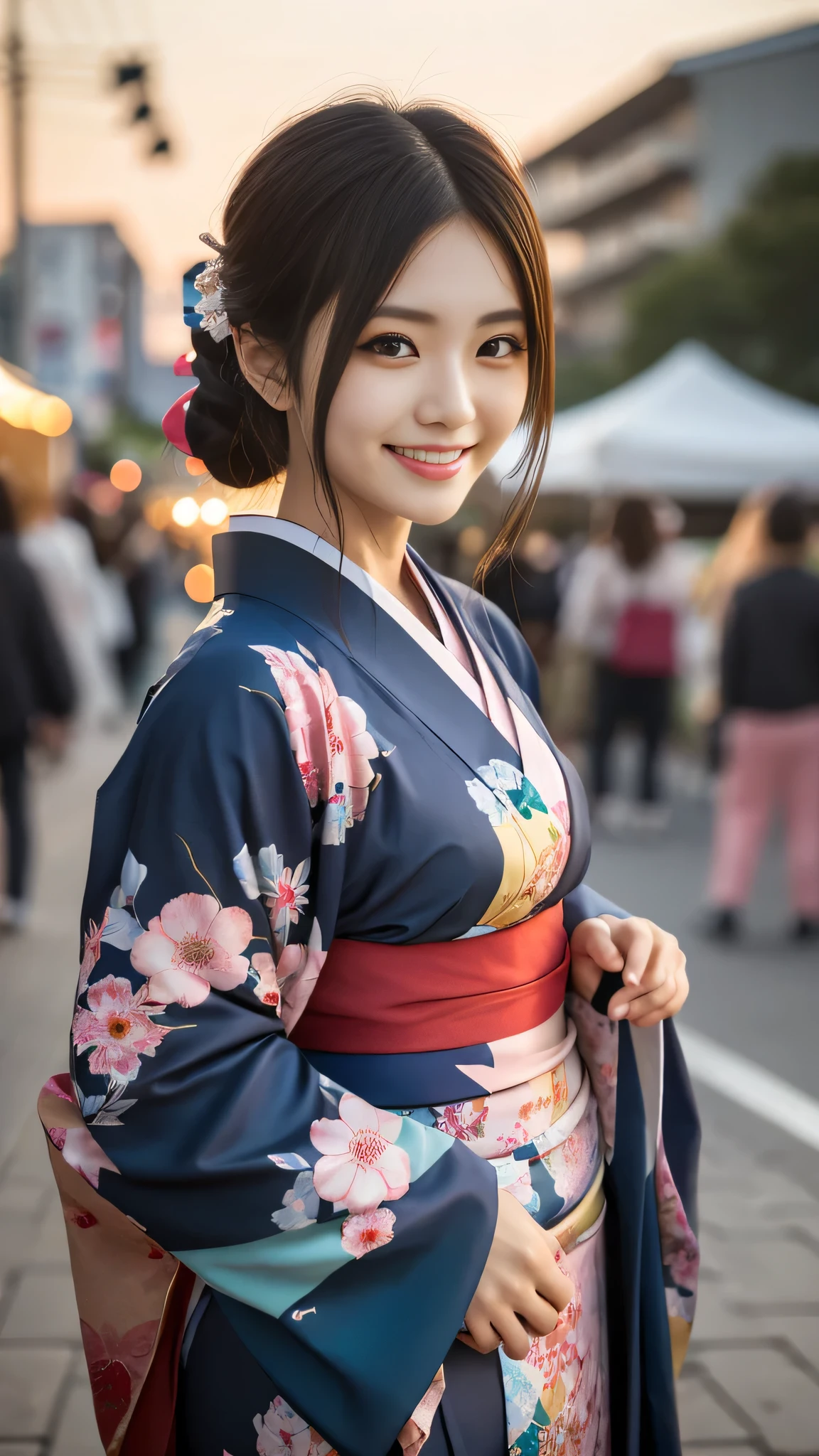 Looking at the camera,(((highest quality, 8k, masterpiece))), Sharp focus, (Beautiful woman with perfect figure), thin,  ((kimono)), street, Highly detailed face and skin texture Detailed eyes Double eyelid Random pose, (smile),super cute Japan person,super beauty Japanese girl, Realistic Face, double eyelid,smile,Summer festival , At sunset , Beautiful Teeth , Fireworks Background.