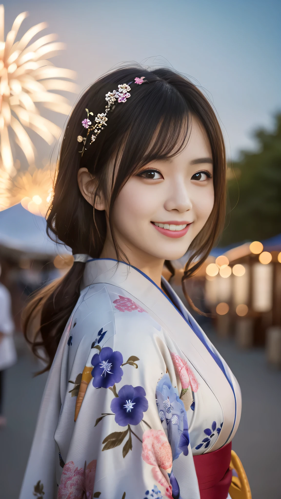 Looking at the camera,(((highest quality, 8k, masterpiece))), Sharp focus, (Beautiful woman with perfect figure), thin,  ((kimono)), street, Highly detailed face and skin texture Detailed eyes Double eyelid Random pose, (smile),super cute Japan person,super beauty Japanese girl, Realistic Face, double eyelid,smile,Summer festival , At sunset , Beautiful Teeth , Fireworks Background.