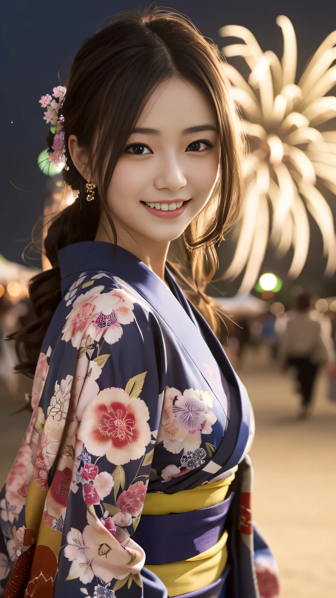 En regardant la caméra,(((la plus haute qualité, 8k, chef-d&#39;œuvre))), netteté, (Belle femme avec une silhouette parfaite), mince,  ((kimono)), rue, Texture du visage et de la peau très détaillée Yeux détaillés Double paupière Pose aléatoire, (sourire),personne japonaise super mignonne,fille japonaise super beauté, visage réaliste, Double paupière,sourire,Festival d&#39;été , au coucher du soleil , belles dents , fond de feux d&#39;artifice.