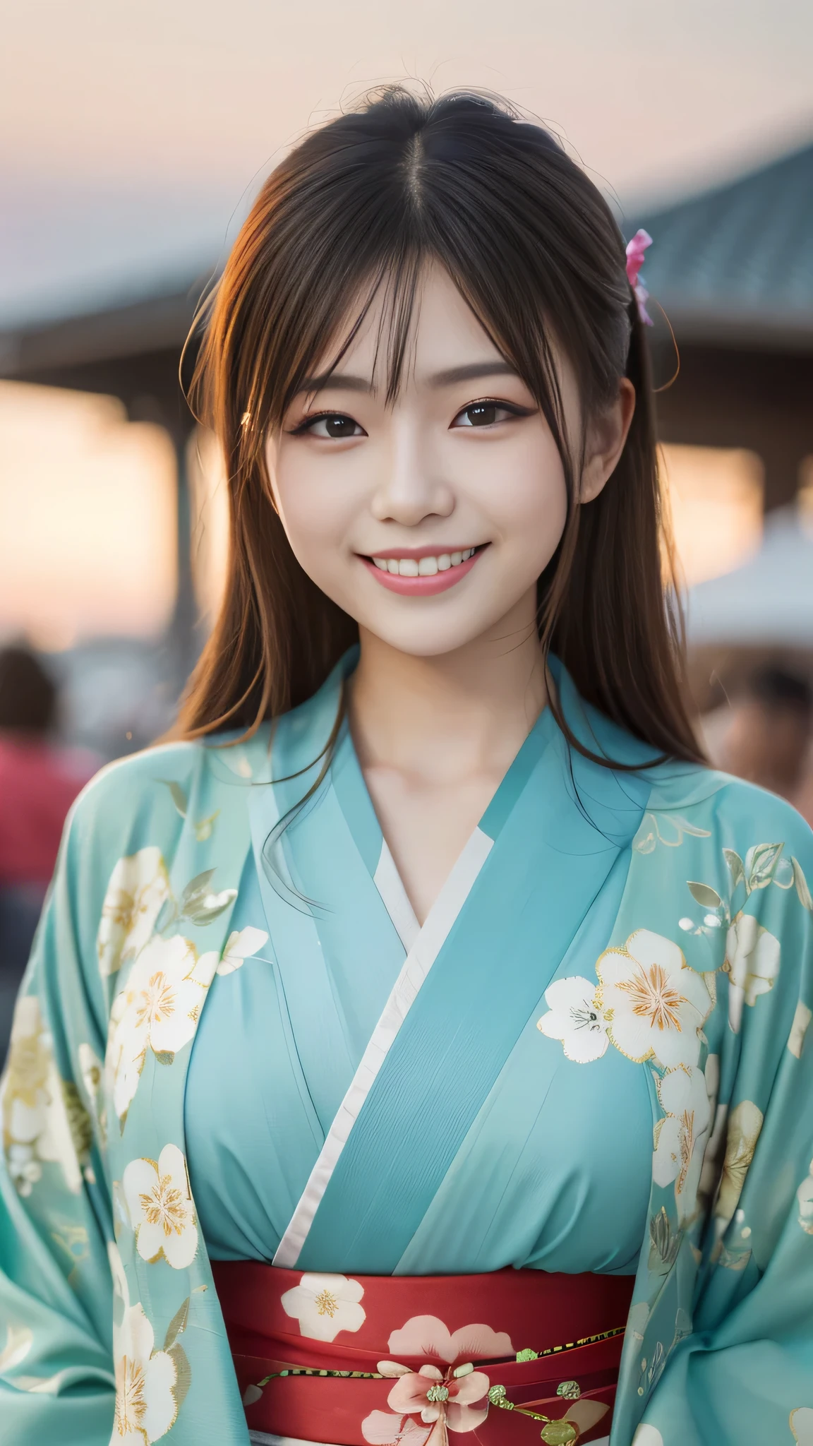 Looking at the camera,(((highest quality, 8k, masterpiece))), Sharp focus, (Beautiful woman with perfect figure), thin,  ((kimono)), street, Highly detailed face and skin texture Detailed eyes Double eyelid Random pose, (smile),super cute Japan person,super beauty Japanese girl, Realistic Face, double eyelid,smile,Summer festival , At sunset , Beautiful Teeth , Fireworks Background.