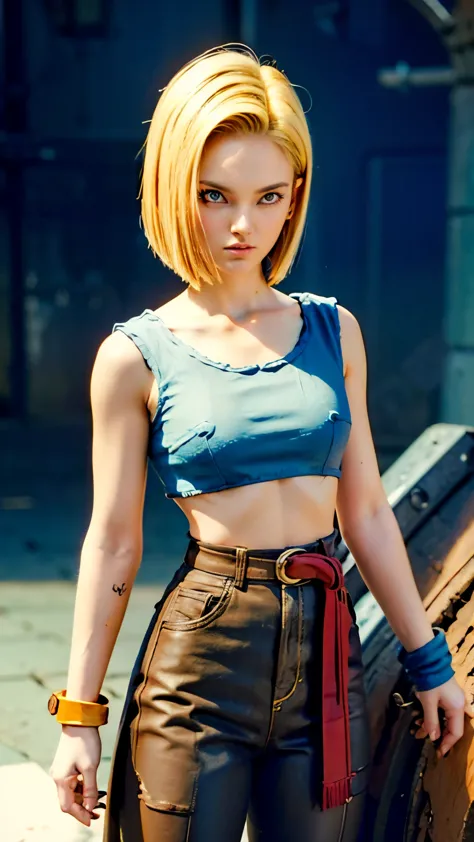 Android 18 Lajuli, dragon ball female, A short straight blonde haired british girl, bang, bob cut, blue eyes, 25 years, young,  ...
