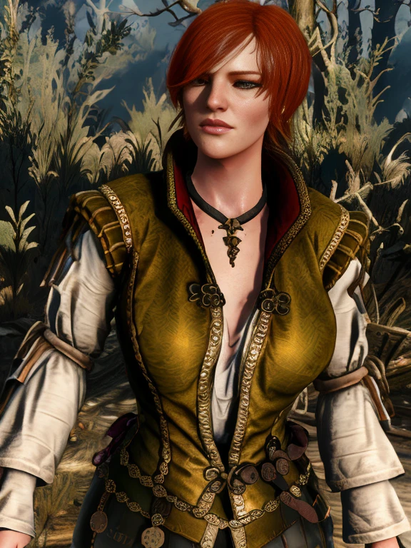 [ Shani],[Short Red Hair],Shani from The WItcher,[sexy],[ forest],4k,sharp image,detailed