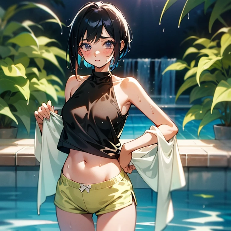 Cool girl、Boyish Girl、Sporty、tits、Wet and transparent、Wet, see-through clothes、Her halter neck camisole is wet and her underwear is visible、Navel Reveal Style、I have a towel、Wet、oil、slimy、Pixie Cut、black hair color、Shorts、
、high school girl、Gal、Dark brown skin、garden、Pool、tall、Slender beauty、Curved waist、Beautiful clavicle、