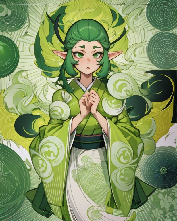 Elf hunter, feminine look, sexy hair, green outfit, leaves around body, swirling air movement, wide angle, full body view, loose fabric, geometric shapes, small breasts, lime pattern kimono, brushstrokes yellow, up-do hair, Bauhaus, geometric shapes