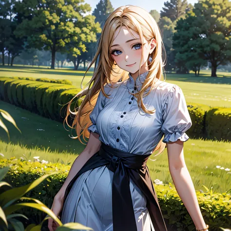 A breathtaking masterpiece、Captured in breathtaking 8K resolution、The portraits are exquisitely detailed and realistic.。The scene is bathed in HDR light.、Depicts a beautiful woman at a medium distance、She has blonde hair、In casual attire、Standing in a lush...