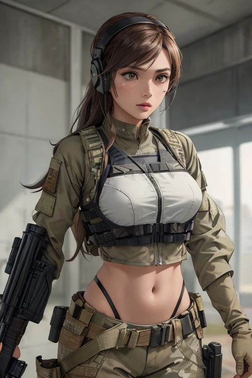 ((a woman in a white outfit holding a rifle and wearing headphones)), 24-year-old woman, Filipino woman, tan bronze skin, soldier girl, mechanized soldier girl, military girl, beautiful female soldier, female lead character, infantry girl, of a sniper girl in war, solo female character, future combat gear, close up half body shot, ((Women in crop top military bulletproof vest)), (showing navel), quiet from metal gear solid v, wearing tactical gear, dressed in tactical armor, (aiming rifle)