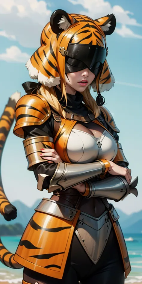 1 solo female blindfolded, animal tiger ears, animal tiger hands, animal tiger print, bell ((Armor reminiscent of a tiger))