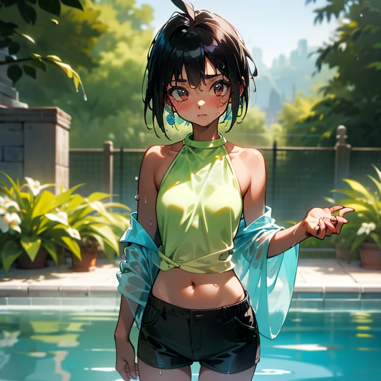 Cool girl、Boyish Girl、Sporty、、Wet and transparent、Wet, see-through clothes、Her halter neck camisole is wet and her underwear is visible、Navel Reveal Style、Wet、oil、slimy、Very short hair、black hair color、Shorts、
、high school girl、Gal、brown skin、garden、Pool、tall、Slender beauty、Curved waist、well tanned、Beautiful clavicle、Very slim body、Middle Eastern Girl、Earrings、