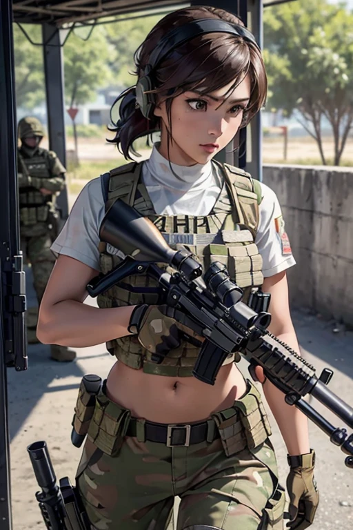 una mujer vestida de blanco sosteniendo un rifle y usando audífonos, mujer de 24 años, mujer filipina, piel bronceada bronceada, chica soldado, mechanized chica soldado, chica militar, hermosa mujer soldado, personaje principal femenino, niña de infantería, de una chica francotiradora en la guerra, personaje femenino solitario, futuro equipo de combate, primer plano, tiro de medio cuerpo, Mujeres con chaleco antibalas militar crop top, mostrando el ombligo, silencioso debido al engranaje metálico sólido v, usando equipo táctico, vestido con armadura táctica, (((apuntar rifle)))