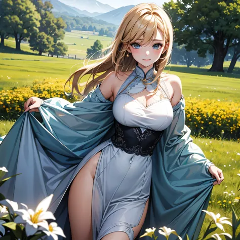 A breathtaking masterpiece、Captured in breathtaking 8K resolution、The portraits are exquisitely detailed and realistic.。The scene is bathed in HDR light.、Depicts a beautiful woman at a medium distance、She has blonde hair、In casual attire、Standing in a lush...